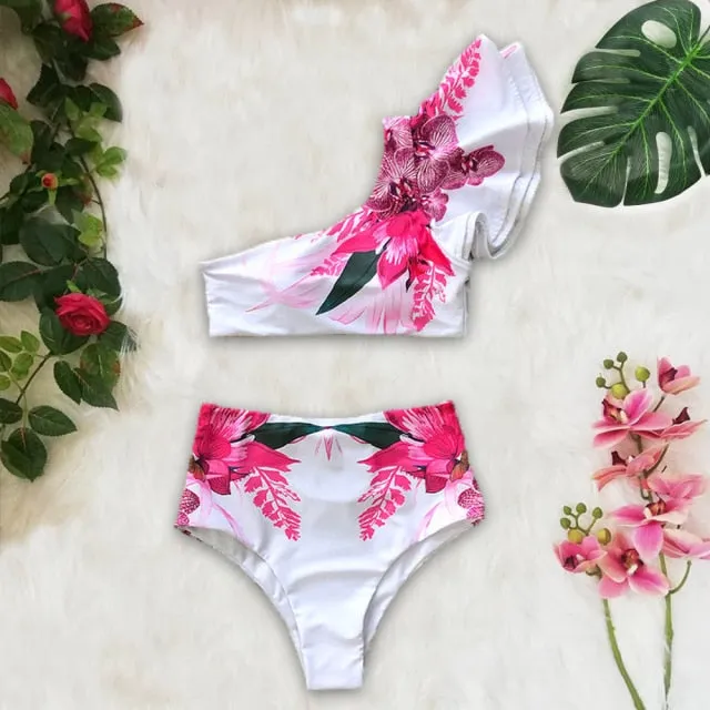 Floral Print Ruffle One Shoulder High Waist  Bikini Set