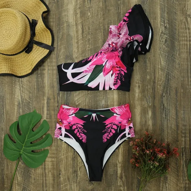 Floral Print Ruffle One Shoulder High Waist  Bikini Set