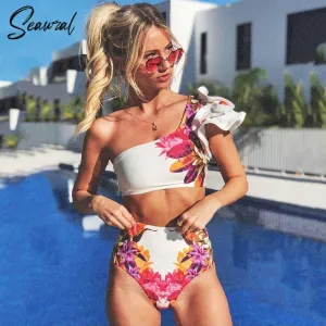 Floral Print Ruffle One Shoulder High Waist  Bikini Set