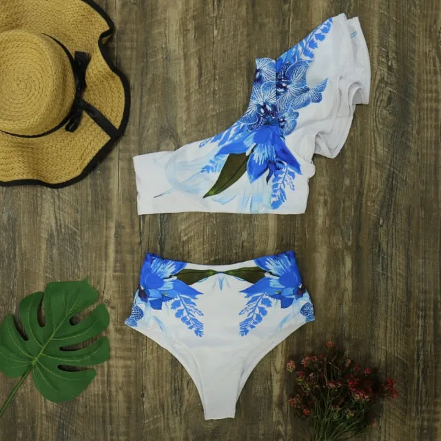 Floral Print Ruffle One Shoulder High Waist  Bikini Set