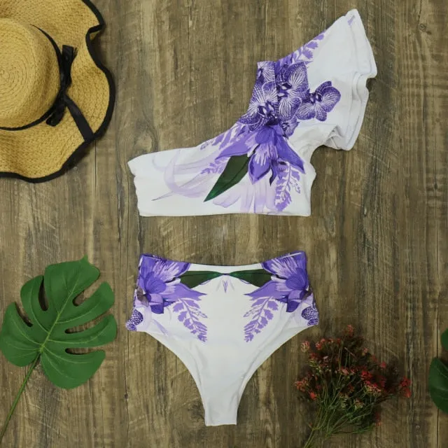 Floral Print Ruffle One Shoulder High Waist  Bikini Set