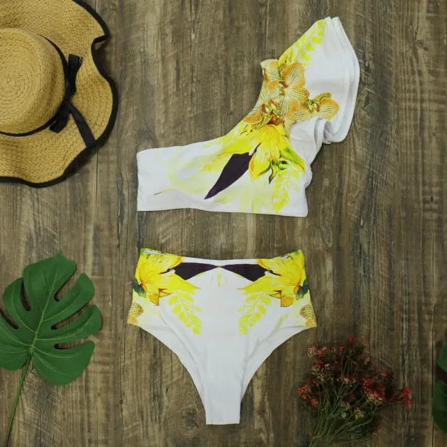 Floral Print Ruffle One Shoulder High Waist  Bikini Set
