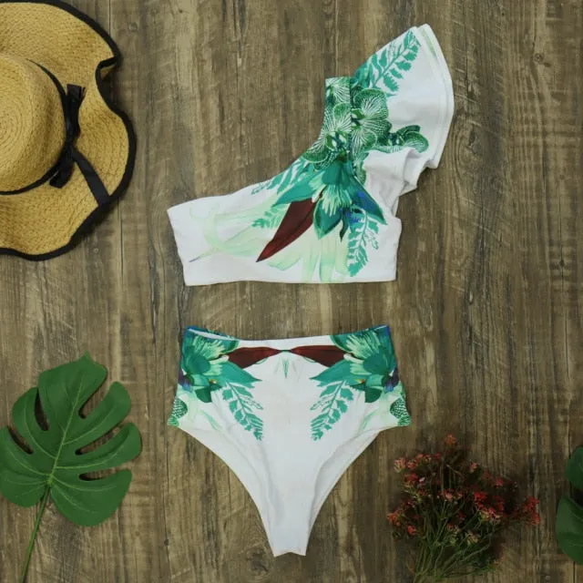 Floral Print Ruffle One Shoulder High Waist  Bikini Set