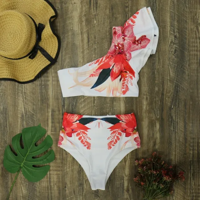 Floral Print Ruffle One Shoulder High Waist  Bikini Set