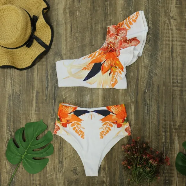 Floral Print Ruffle One Shoulder High Waist  Bikini Set