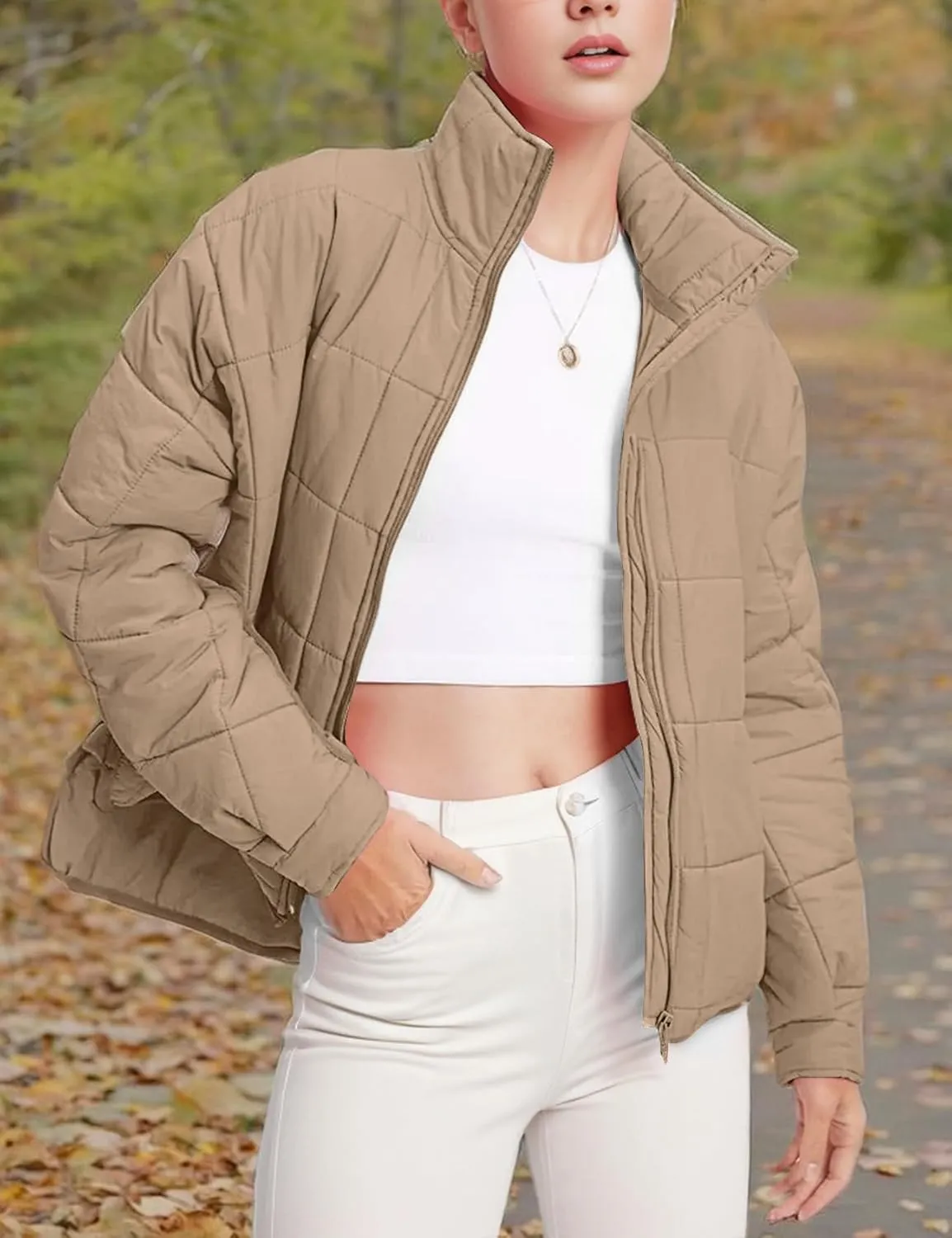 Flygo Womens Oversized Puffer Jacket Lightweight Quilted Jackets Zip Up Warm Padded Coat