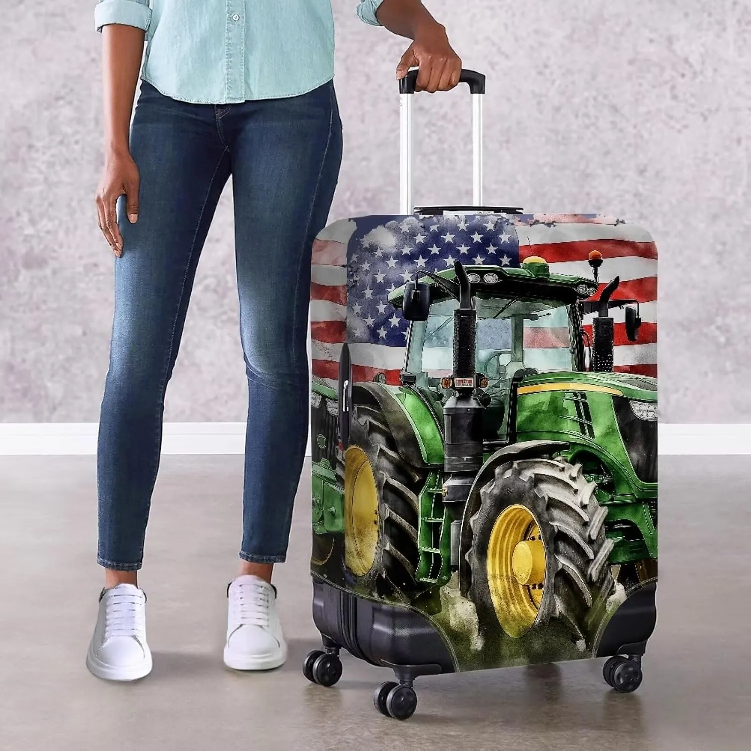 FOR U DESIGNS Large Luggage Cover 18-21 Inch Travel Luggage Cover Protector American Flag Tractor Print Luggage Case Cover Soft Fabric Washable