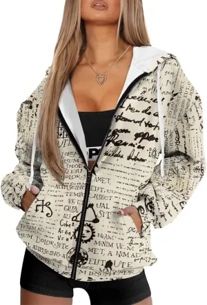 Full Zip Up Hoodies for Women Long Sleeve Track Jackets Loose Sweatshirt Drawstring Pullover Sweaters With Pockets
