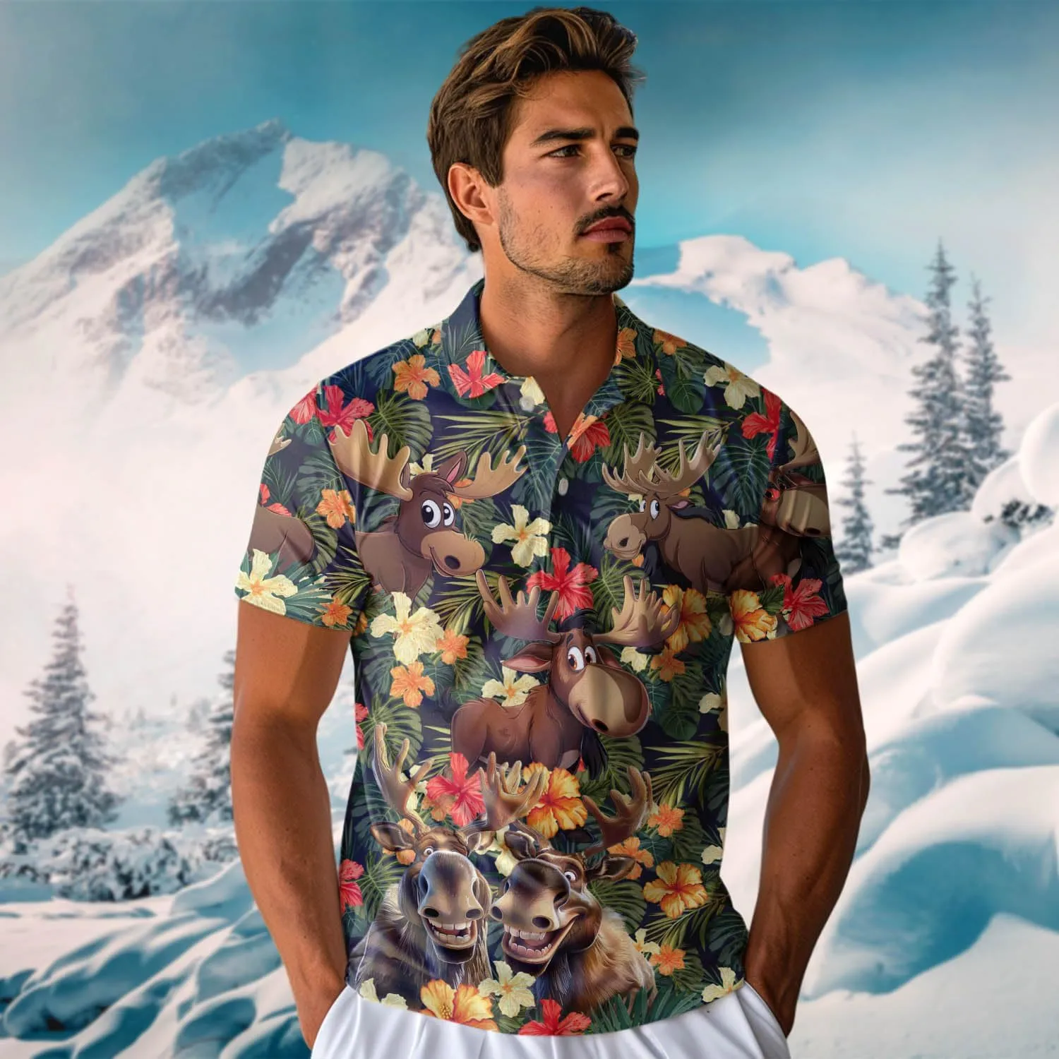 Funny Moose Polo Shirts for Men - Short Sleeve Golf Shirts Dry Fit Mens Polo T-Shirt Casual Style 07