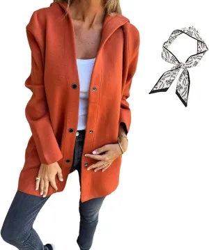 GDSAFS Casual Single Breasted Hooded Jacket, Lapel Neck Long Sleeve Solid Color Trench Coat for Women