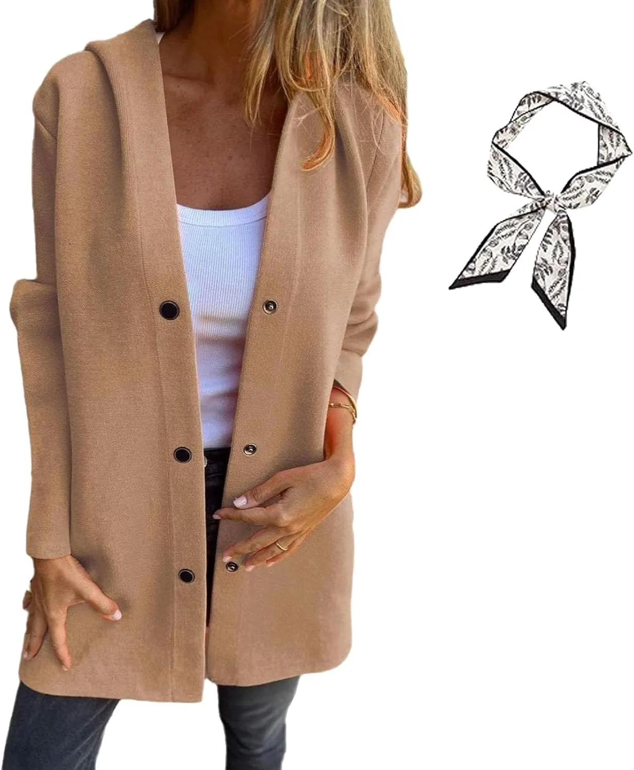 GDSAFS Casual Single Breasted Hooded Jacket, Lapel Neck Long Sleeve Solid Color Trench Coat for Women