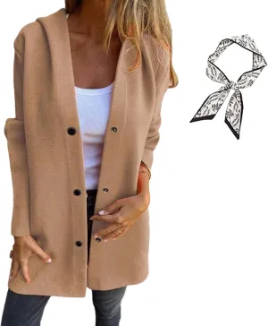 GDSAFS Casual Single Breasted Hooded Jacket, Lapel Neck Long Sleeve Solid Color Trench Coat for Women