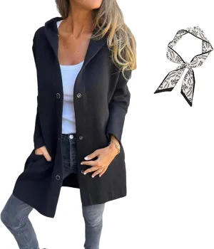 GDSAFS Casual Single Breasted Hooded Jacket, Lapel Neck Long Sleeve Solid Color Trench Coat for Women