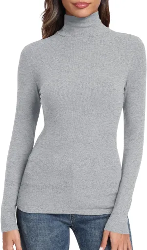 GEMBERA Womens Long Sleeve Turtle Neck Basic Slim Fitted Ribbed Knit Tops Thermal Shirts