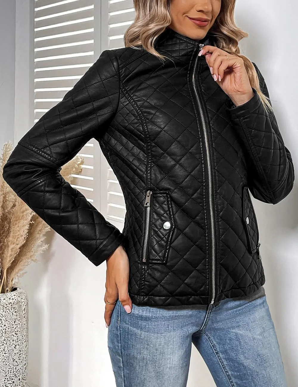 Geschallino Women's Faux Leather Jacket Spring Fall Clothes Trendy Motorcycle Biker Coat