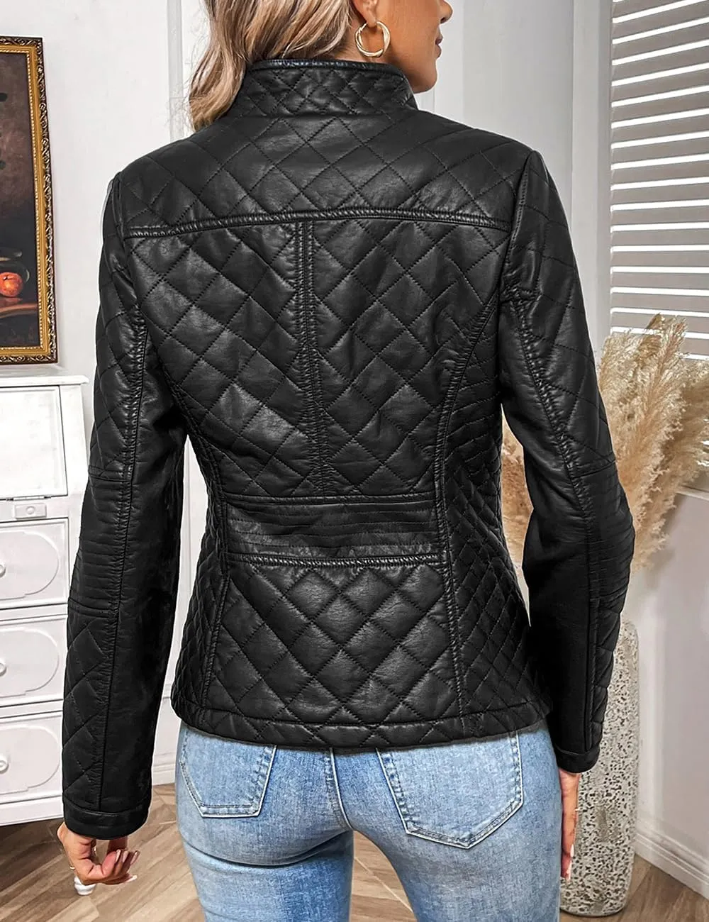 Geschallino Women's Faux Leather Jacket Spring Fall Clothes Trendy Motorcycle Biker Coat