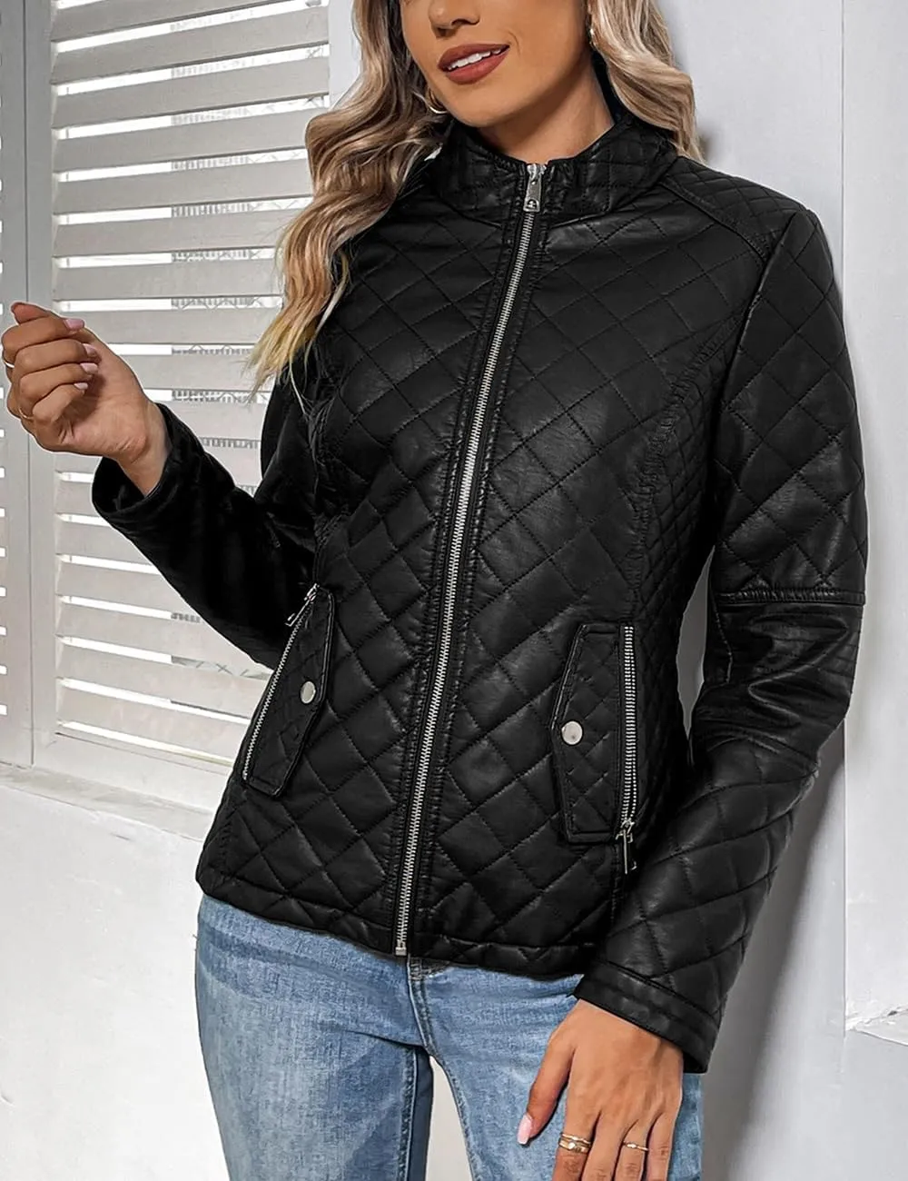 Geschallino Women's Faux Leather Jacket Spring Fall Clothes Trendy Motorcycle Biker Coat