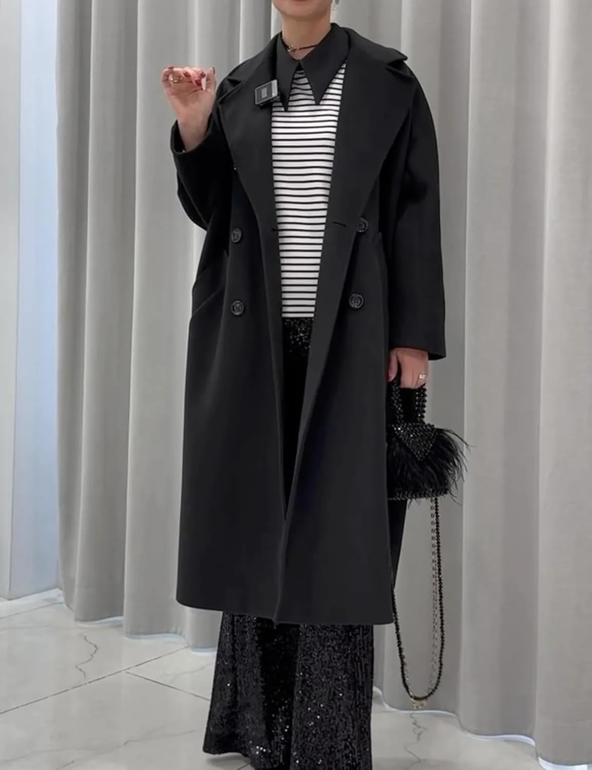 Gihuo Women's Notched Collar Wool Blend Pea Coat Winter Double Breasted Trench Coat Long Oversized Button Down Overcoats