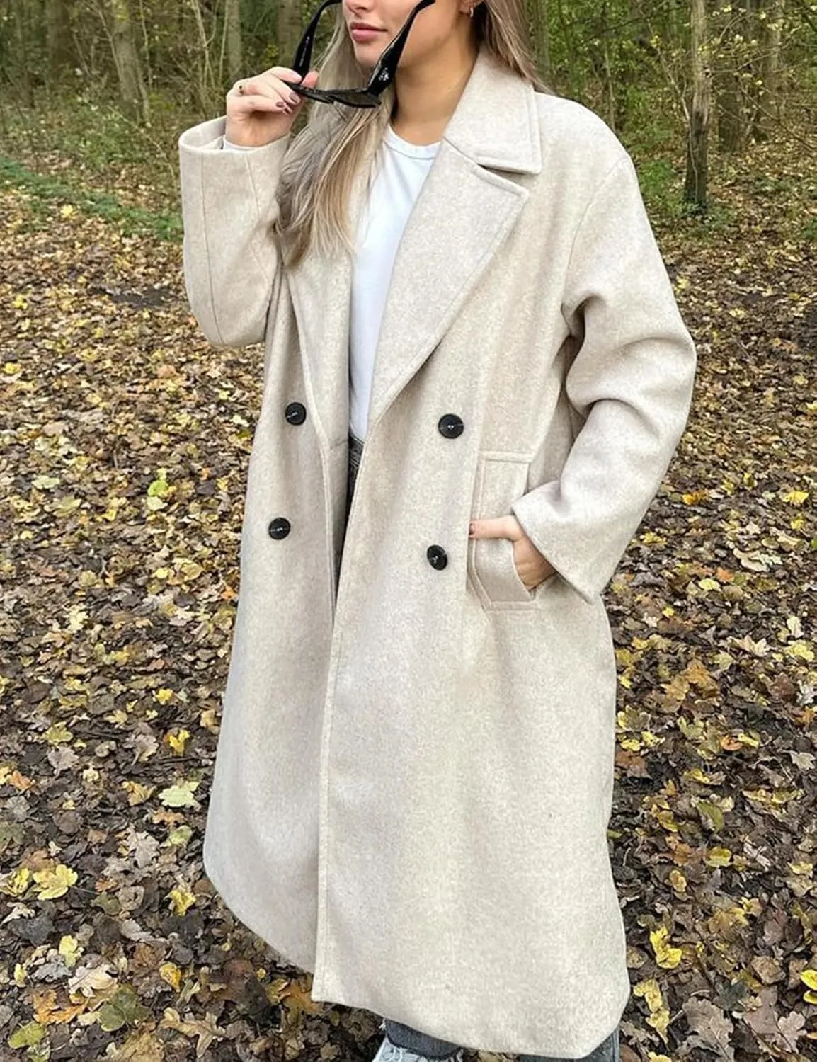 Gihuo Women's Notched Collar Wool Blend Pea Coat Winter Double Breasted Trench Coat Long Oversized Button Down Overcoats