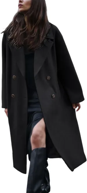 Gihuo Women's Notched Collar Wool Blend Pea Coat Winter Double Breasted Trench Coat Long Oversized Button Down Overcoats