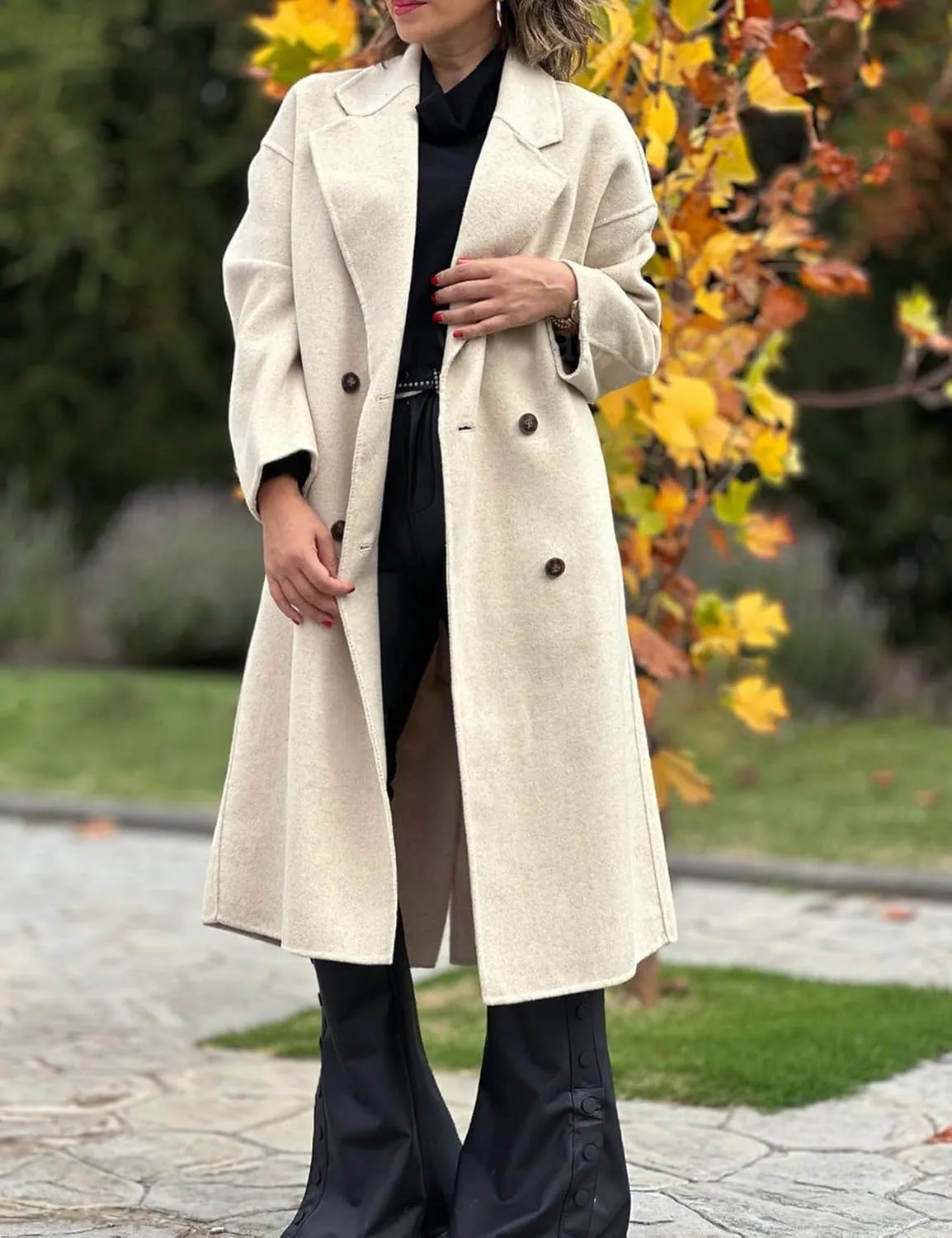 Gihuo Women's Notched Collar Wool Blend Pea Coat Winter Double Breasted Trench Coat Long Oversized Button Down Overcoats