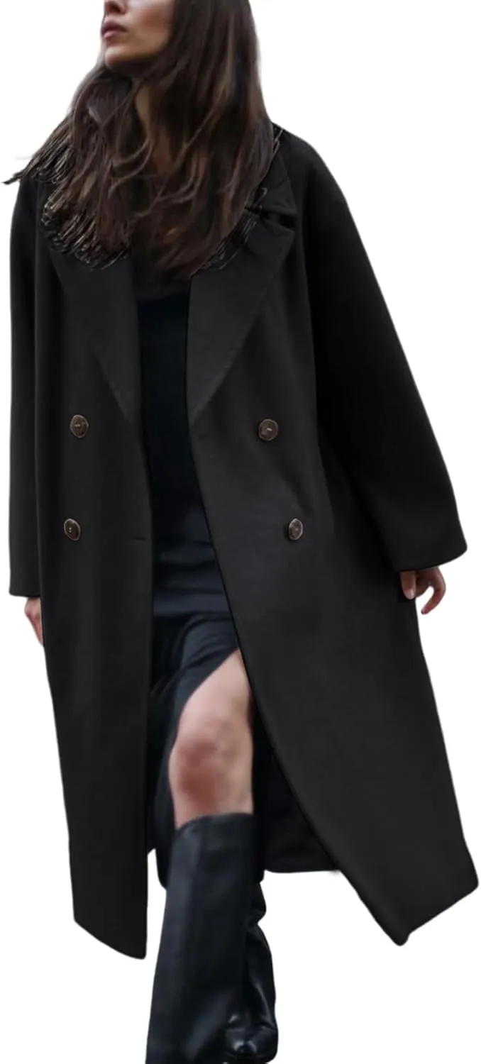 Gihuo Women's Notched Collar Wool Blend Pea Coat Winter Double Breasted Trench Coat Long Oversized Button Down Overcoats