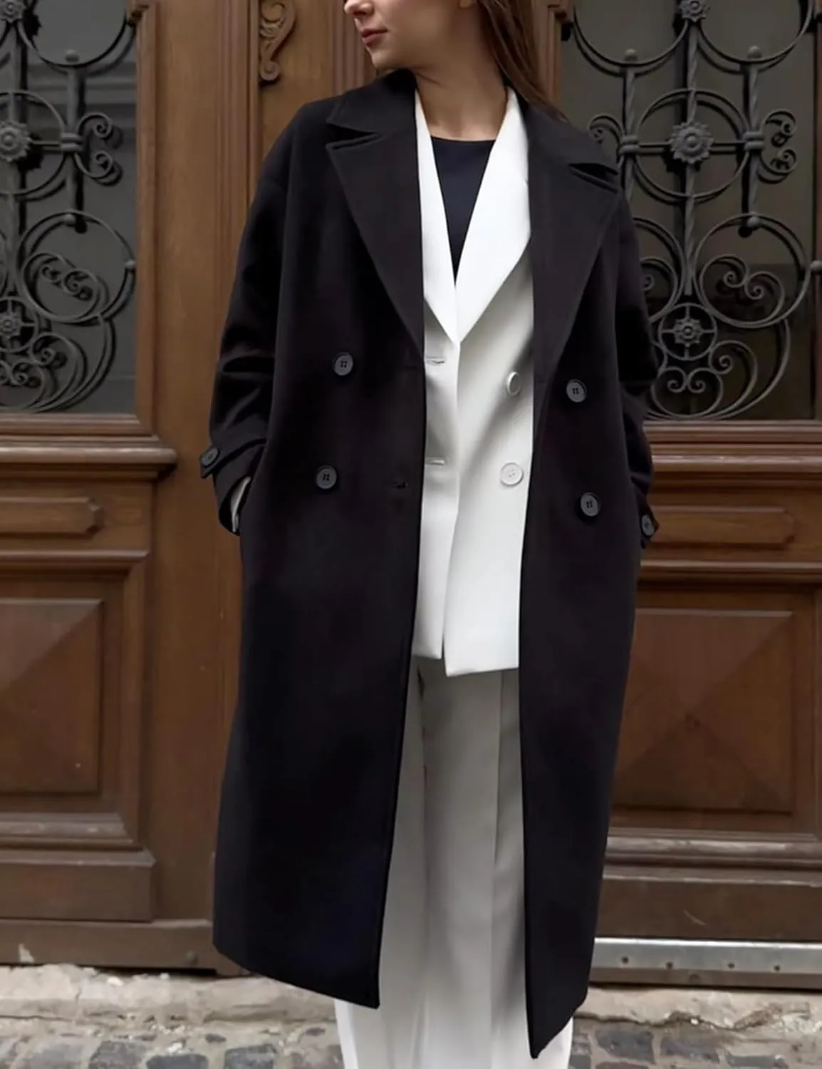 Gihuo Women's Notched Collar Wool Blend Pea Coat Winter Double Breasted Trench Coat Long Oversized Button Down Overcoats