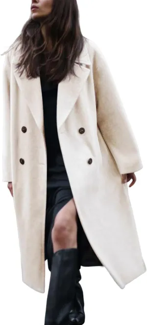 Gihuo Women's Notched Collar Wool Blend Pea Coat Winter Double Breasted Trench Coat Long Oversized Button Down Overcoats