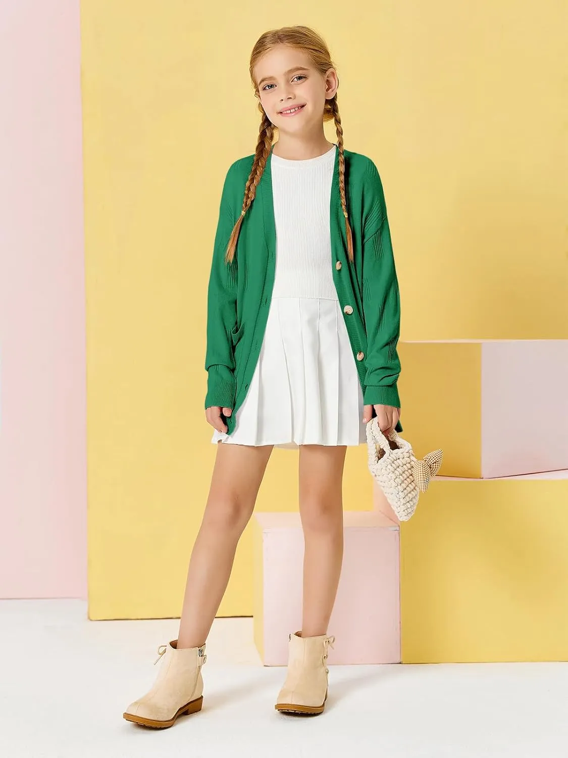 Girls Cardigans Kids Fashion Open Front Long Sleeve Knit Sweaters Outerwear with Pockets 5-14 Years