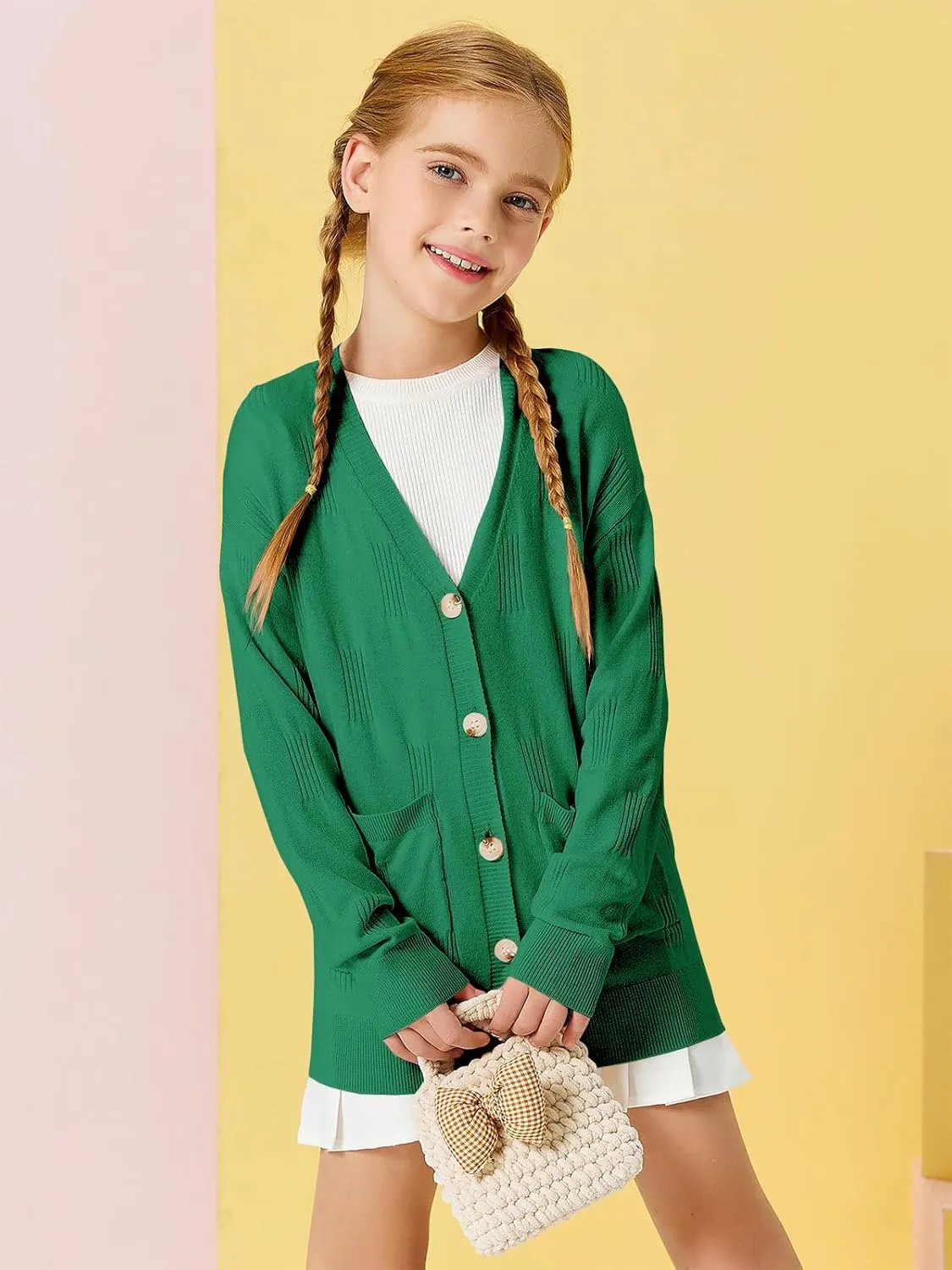 Girls Cardigans Kids Fashion Open Front Long Sleeve Knit Sweaters Outerwear with Pockets 5-14 Years