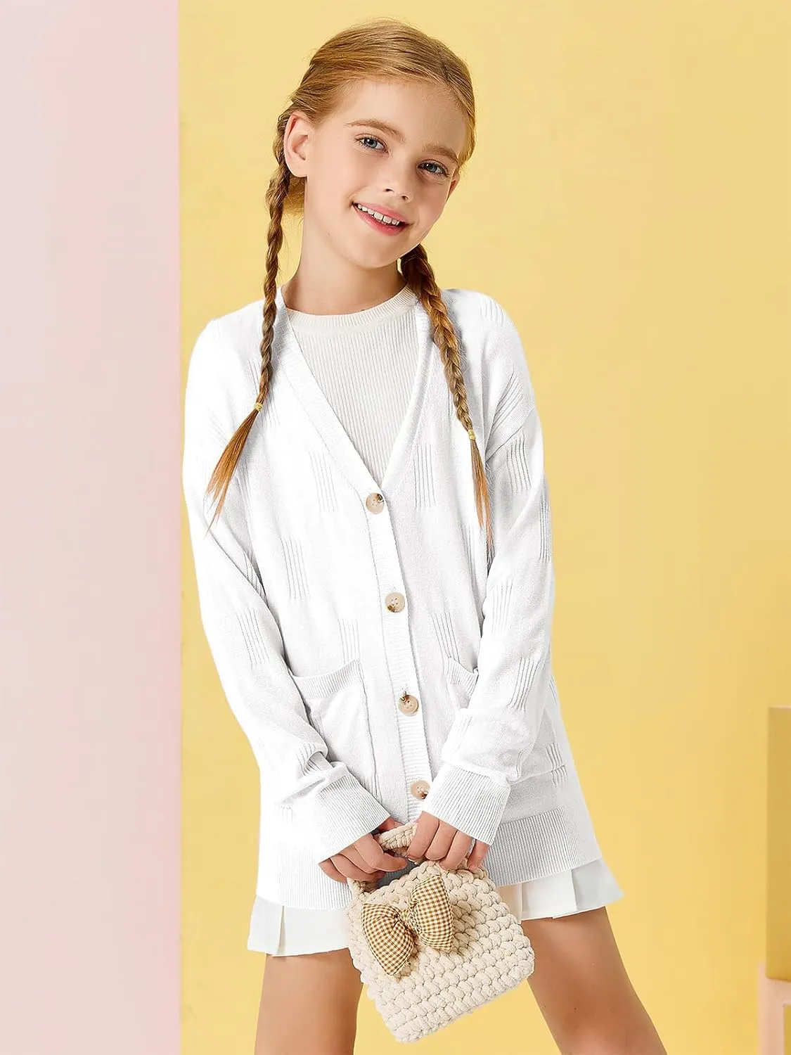 Girls Cardigans Kids Fashion Open Front Long Sleeve Knit Sweaters Outerwear with Pockets 5-14 Years