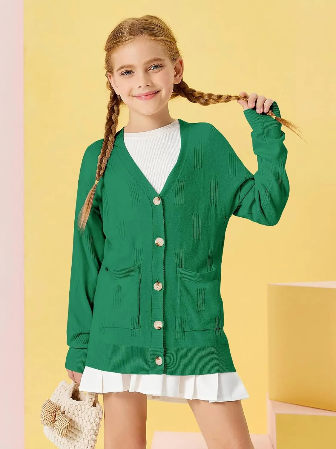 Girls Cardigans Kids Fashion Open Front Long Sleeve Knit Sweaters Outerwear with Pockets 5-14 Years