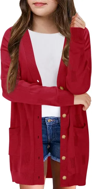 Girls Cardigans Kids Fashion Open Front Long Sleeve Knit Sweaters Outerwear with Pockets 5-14 Years