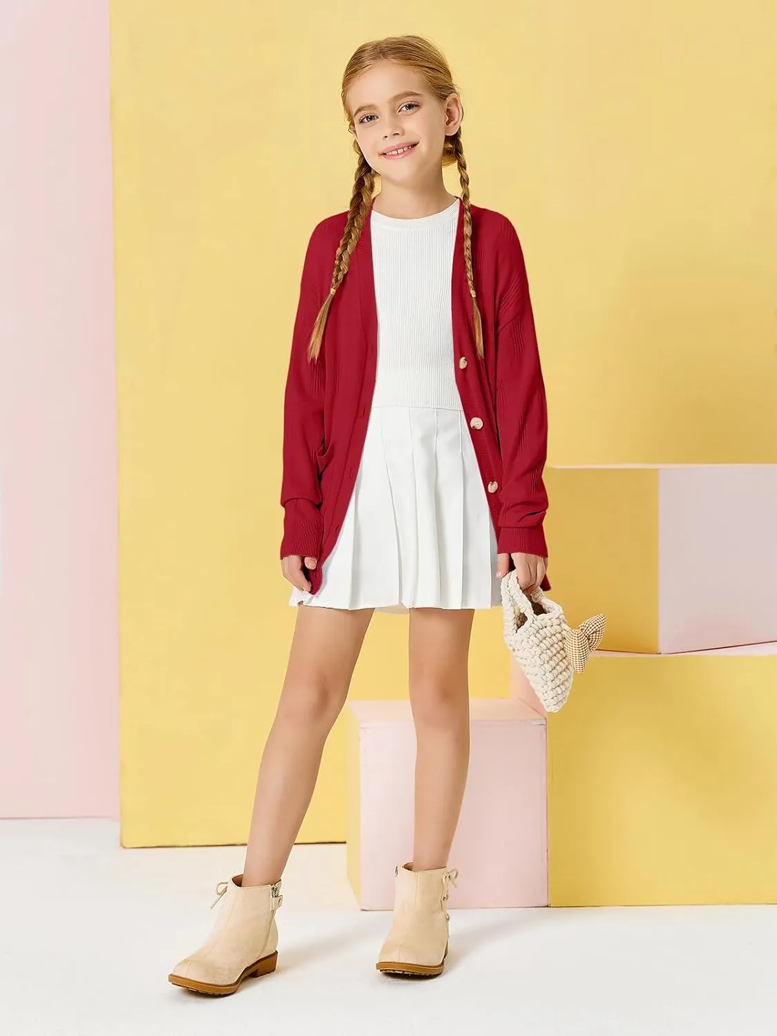 Girls Cardigans Kids Fashion Open Front Long Sleeve Knit Sweaters Outerwear with Pockets 5-14 Years