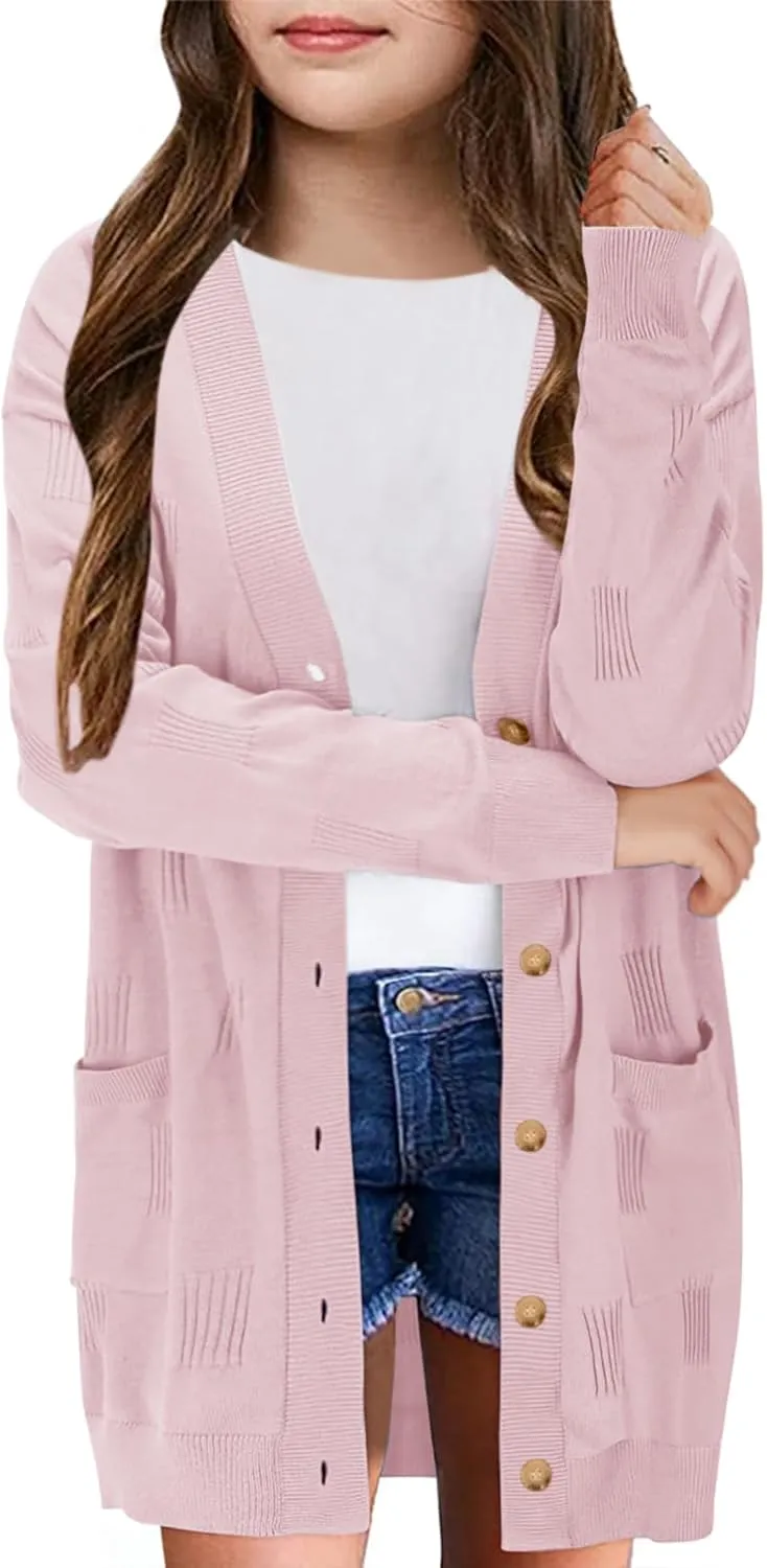 Girls Cardigans Kids Fashion Open Front Long Sleeve Knit Sweaters Outerwear with Pockets 5-14 Years