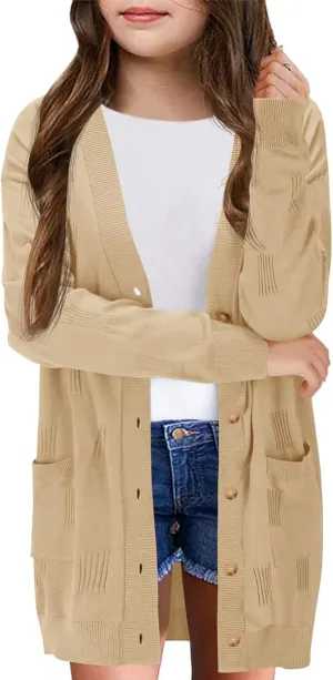 Girls Cardigans Kids Fashion Open Front Long Sleeve Knit Sweaters Outerwear with Pockets 5-14 Years