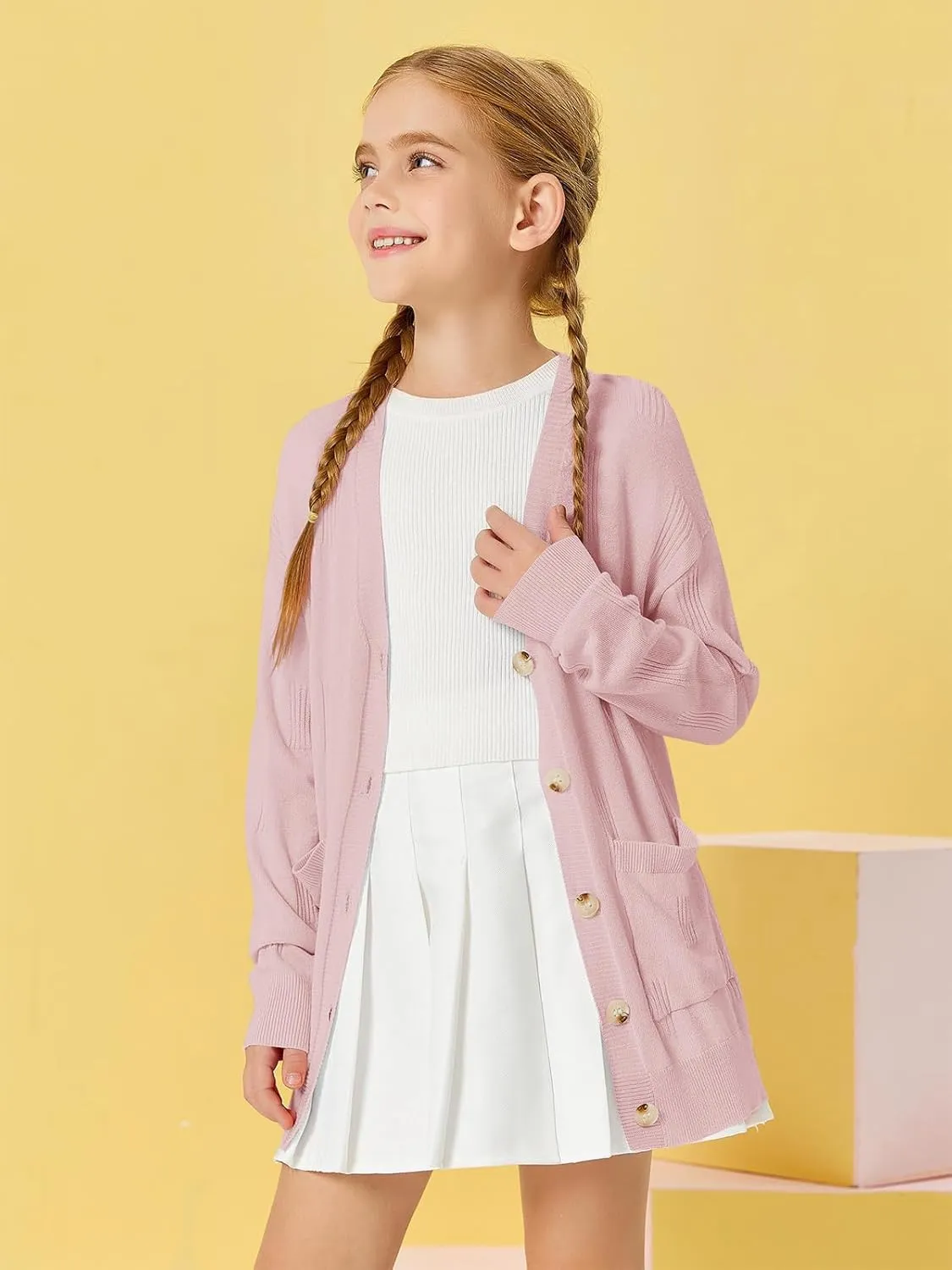 Girls Cardigans Kids Fashion Open Front Long Sleeve Knit Sweaters Outerwear with Pockets 5-14 Years