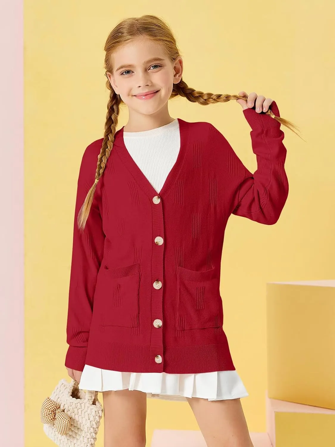 Girls Cardigans Kids Fashion Open Front Long Sleeve Knit Sweaters Outerwear with Pockets 5-14 Years