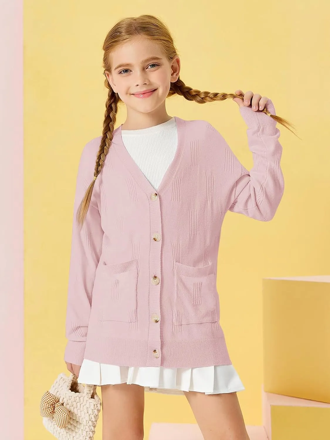 Girls Cardigans Kids Fashion Open Front Long Sleeve Knit Sweaters Outerwear with Pockets 5-14 Years