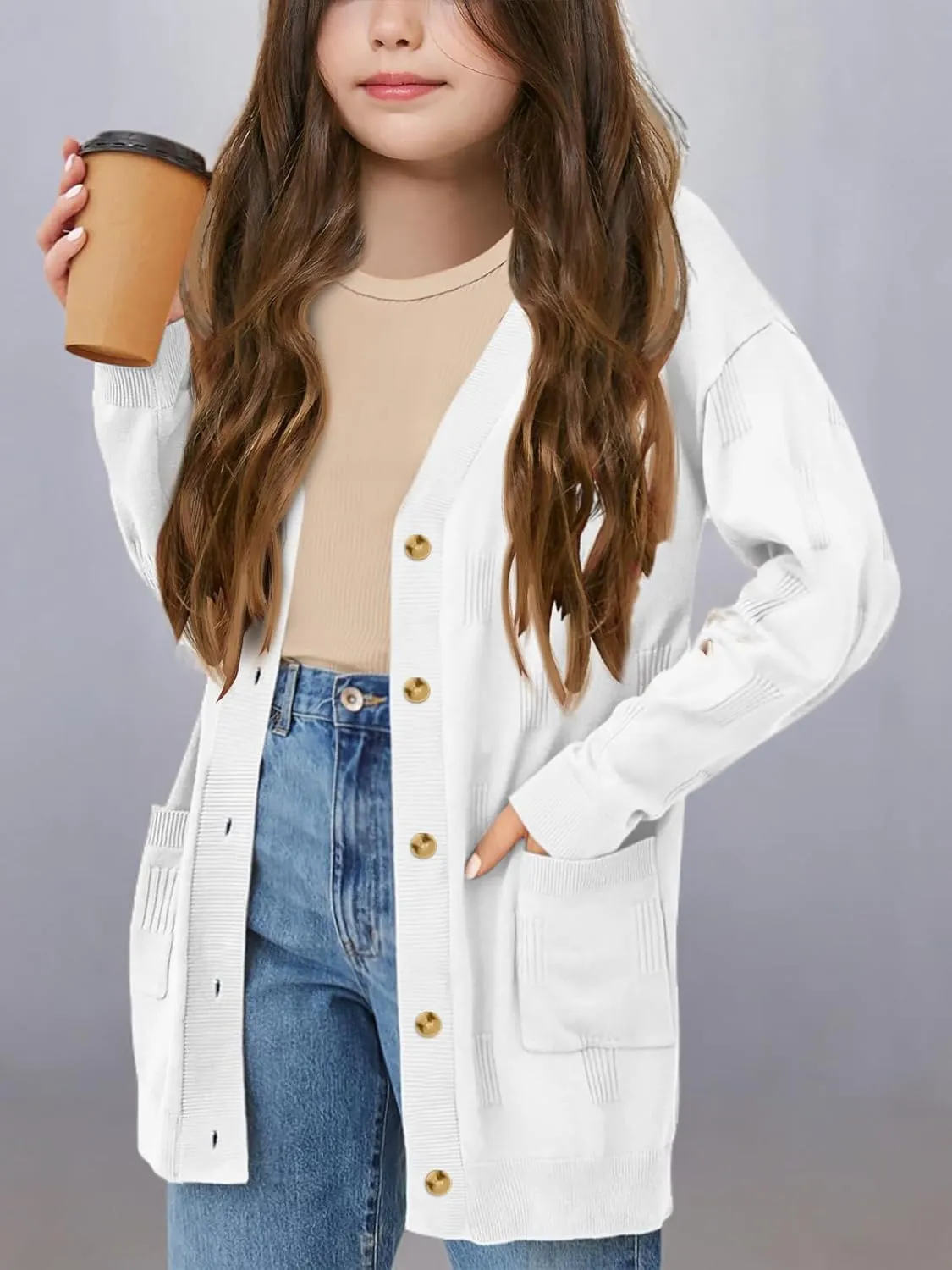 Girls Cardigans Kids Fashion Open Front Long Sleeve Knit Sweaters Outerwear with Pockets 5-14 Years