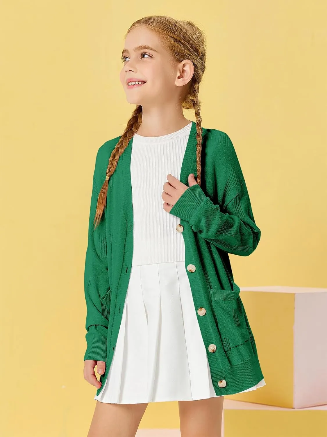 Girls Cardigans Kids Fashion Open Front Long Sleeve Knit Sweaters Outerwear with Pockets 5-14 Years