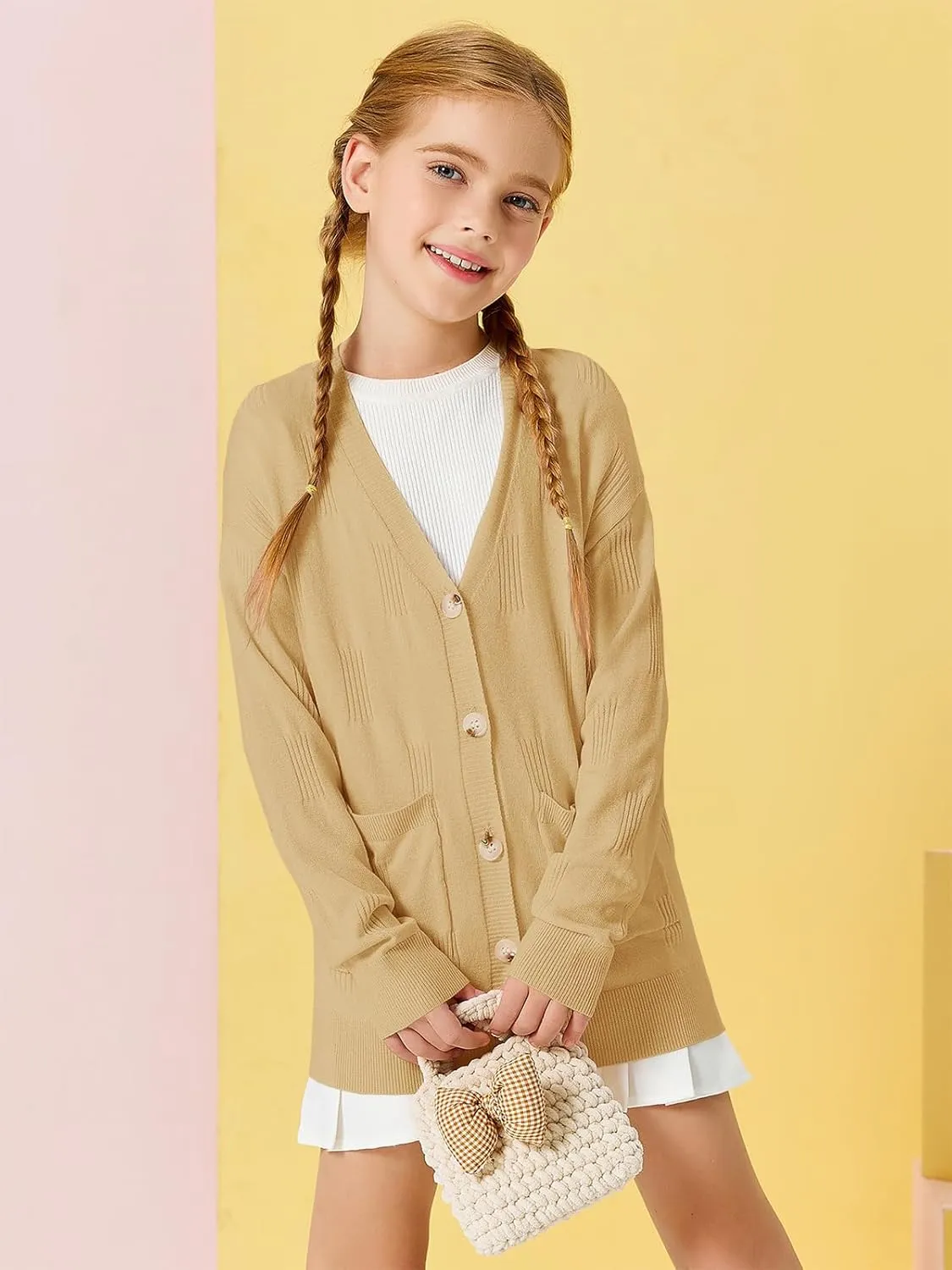 Girls Cardigans Kids Fashion Open Front Long Sleeve Knit Sweaters Outerwear with Pockets 5-14 Years