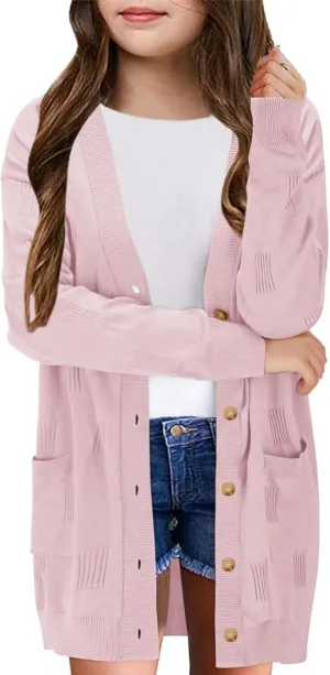 Girls Cardigans Kids Fashion Open Front Long Sleeve Knit Sweaters Outerwear with Pockets 5-14 Years