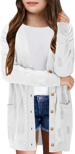 Girls Cardigans Kids Fashion Open Front Long Sleeve Knit Sweaters Outerwear with Pockets 5-14 Years