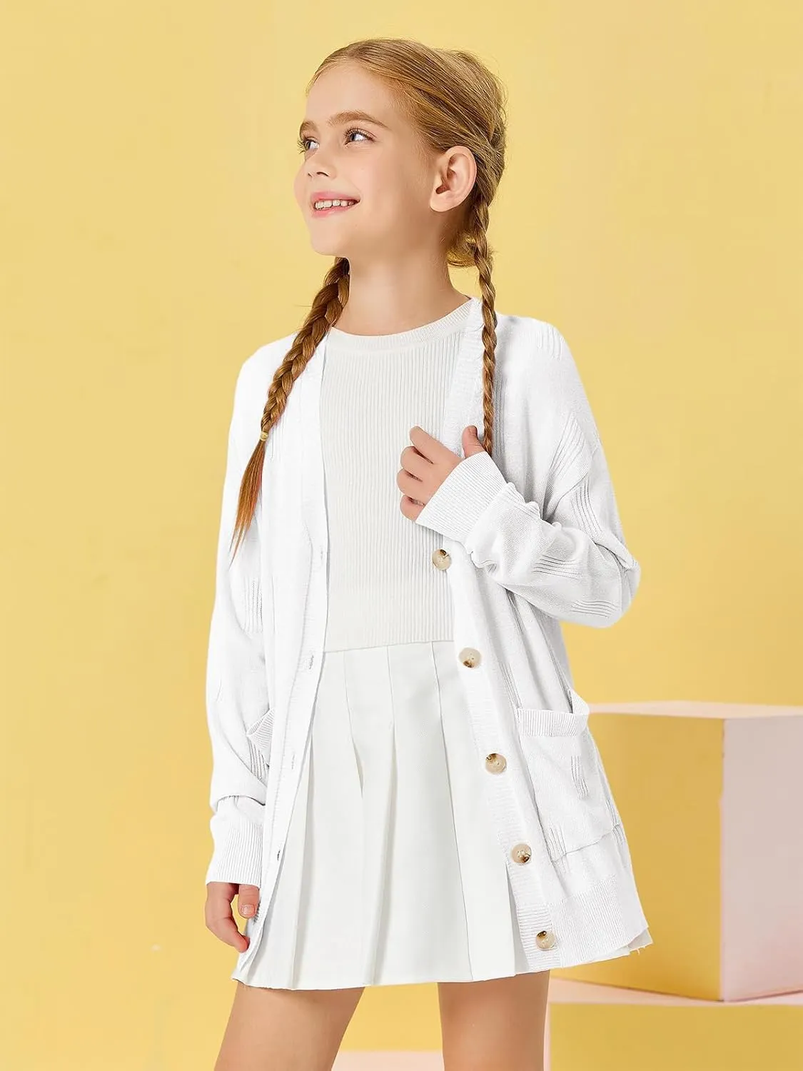 Girls Cardigans Kids Fashion Open Front Long Sleeve Knit Sweaters Outerwear with Pockets 5-14 Years
