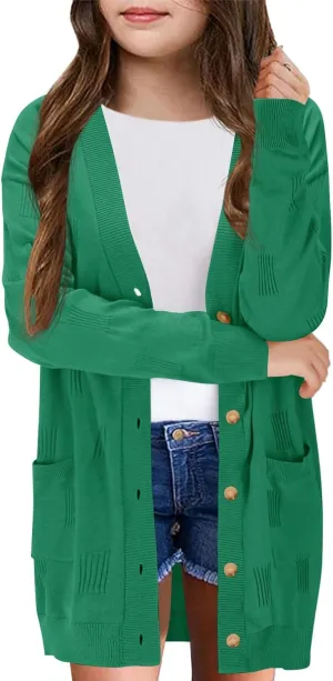 Girls Cardigans Kids Fashion Open Front Long Sleeve Knit Sweaters Outerwear with Pockets 5-14 Years