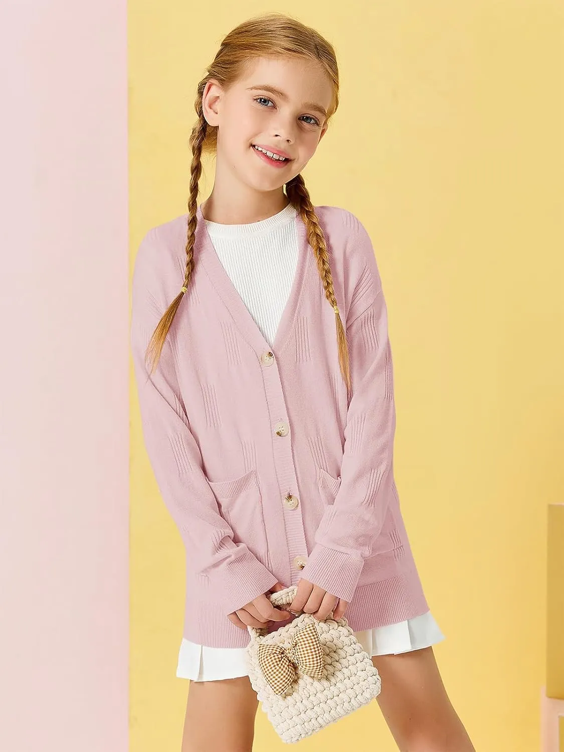 Girls Cardigans Kids Fashion Open Front Long Sleeve Knit Sweaters Outerwear with Pockets 5-14 Years