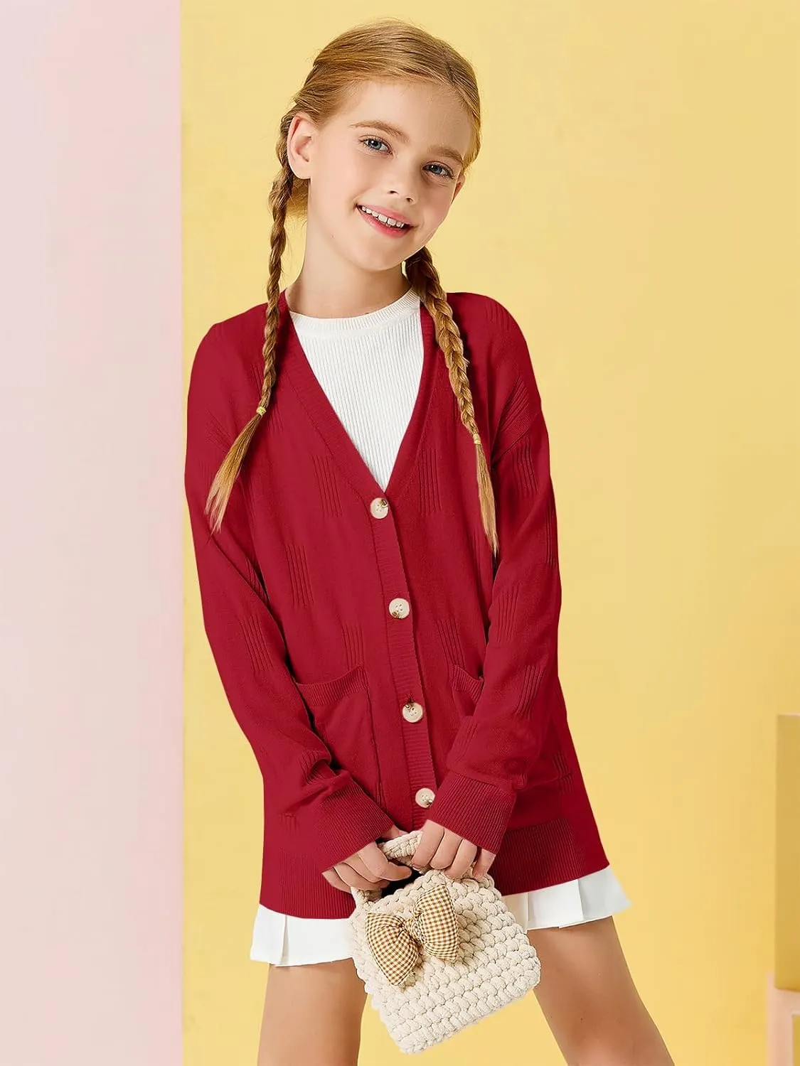 Girls Cardigans Kids Fashion Open Front Long Sleeve Knit Sweaters Outerwear with Pockets 5-14 Years