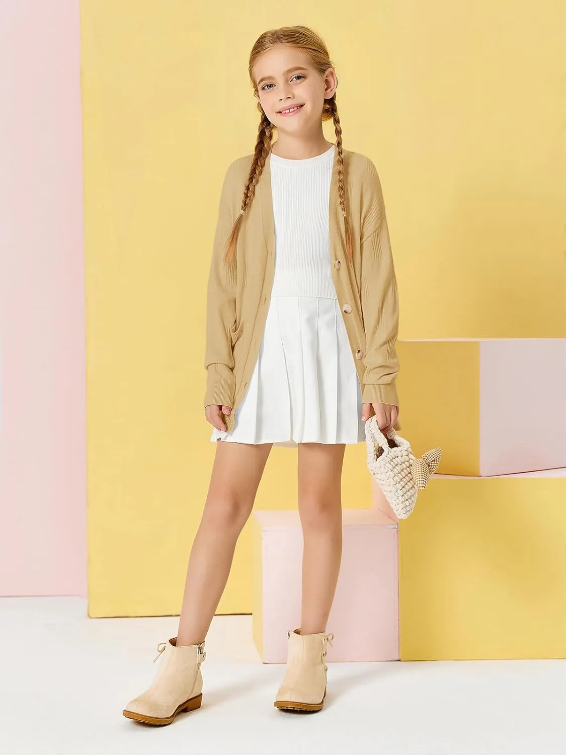 Girls Cardigans Kids Fashion Open Front Long Sleeve Knit Sweaters Outerwear with Pockets 5-14 Years