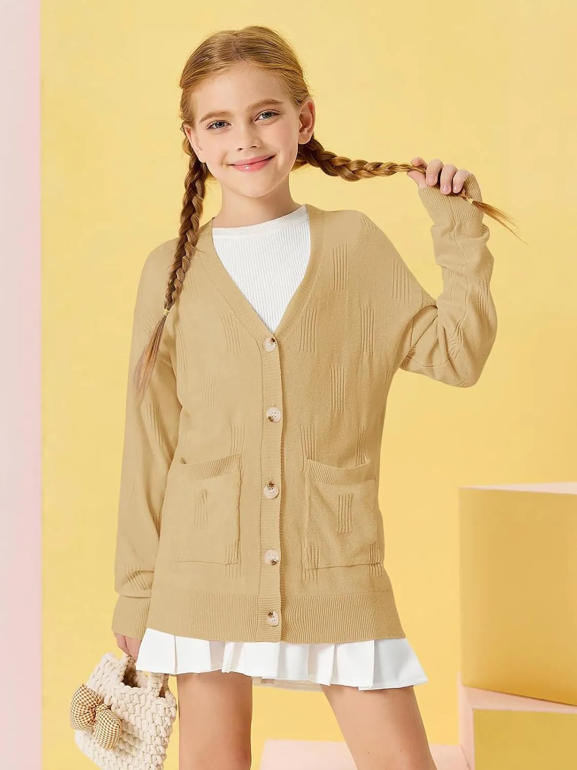 Girls Cardigans Kids Fashion Open Front Long Sleeve Knit Sweaters Outerwear with Pockets 5-14 Years